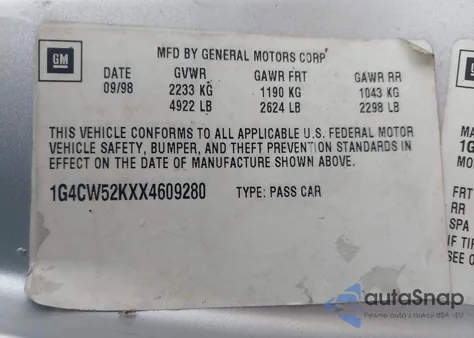 1999 Buick Park Avenue from USA, damaged, VIN 1G4CW52KXX4609280